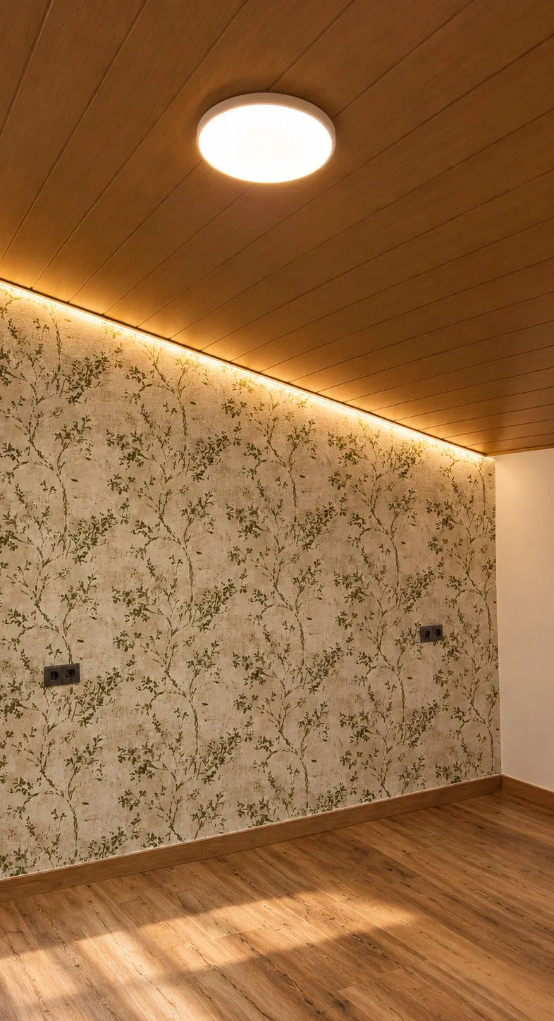 Pared de dormitorio empapelada con ramas verdes de suelo a techo, con dos enchufes, rodapié de madera y una tira LED que ilumina la parte alta.
